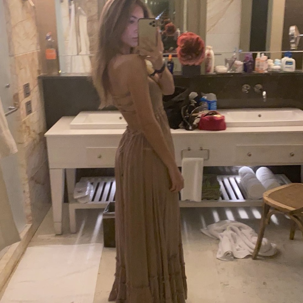 Smocked Bandeau High-Low Maxi Dress in Taupe - Picture 5 of 5